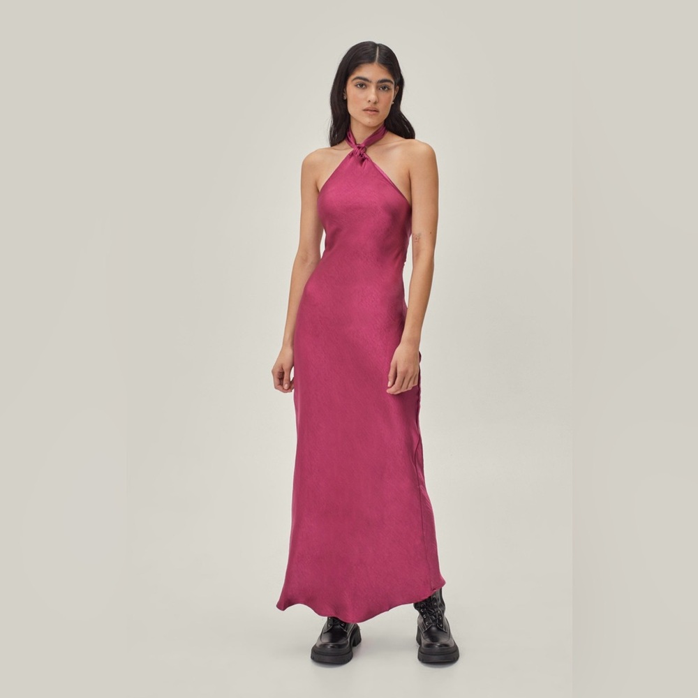Knot Halter Neck Satin Midi Dress